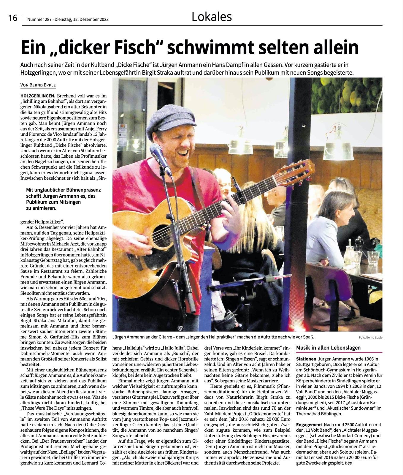 Böblinger Kreiszeitung 2023 über Jürgen Ammann